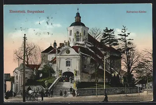 AK Eisenstadt, Kalvarien-Kirche mit Kirchgängern