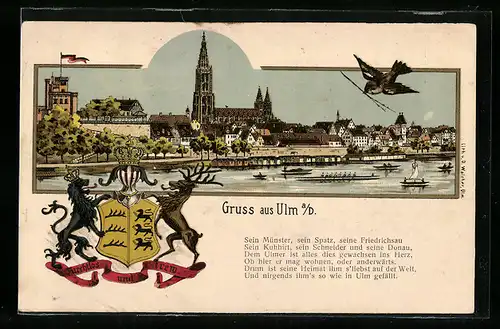 Lithographie Ulm, Blick auf die Stadt mit Münster vom Wasser aus, Wappen