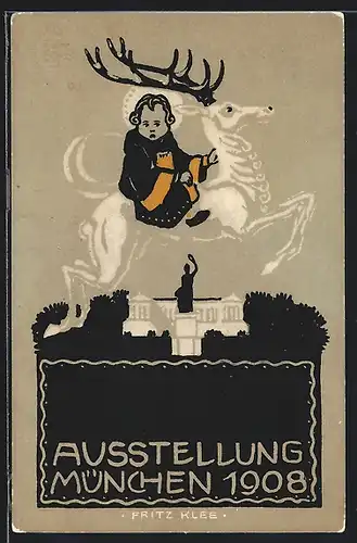 Künstler-AK Ganzsache Bayern PP15C144 /010: München, Malerei-Ausstellung 1908, Münchner Kindl auf Hirsch