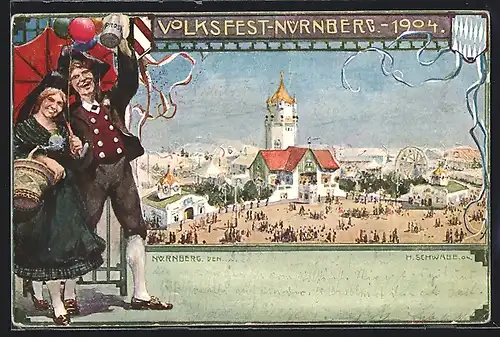 Künstler-AK Ganzsache Bayern PP15C60 /02: Nürnberg, Volksfest 1904, Fröhliches Paar in Tracht
