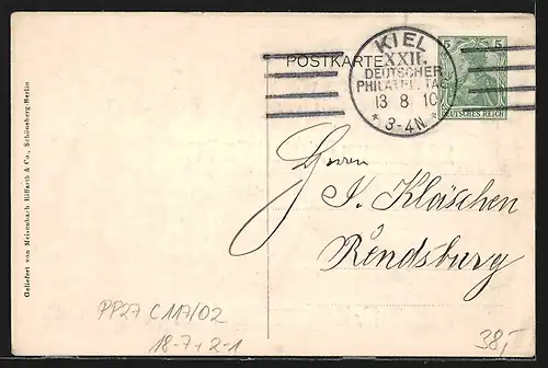 Künstler-AK Ganzsache PP27C117 /02: Kiel, 22. Deutscher Philatelistentag 1910, Stadtsiegel