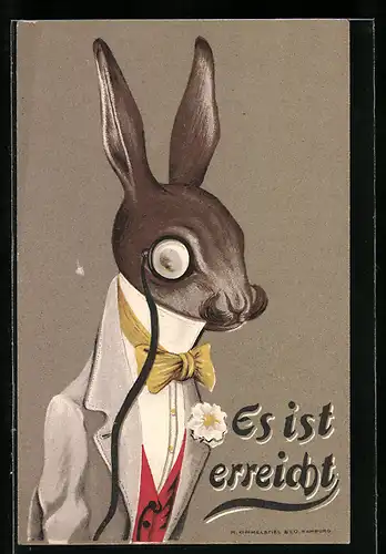 Künstler-AK Es ist erreicht, vermenschlichte Tiere, Kaninchen mit Monokel