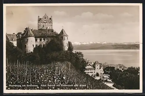 AK Meersburg, Altes Schloss mit Unterstadt und Alpen