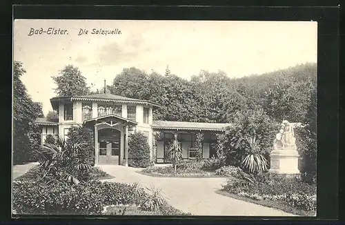 AK Bad Elster, Salzquelle mit Statue im Garten