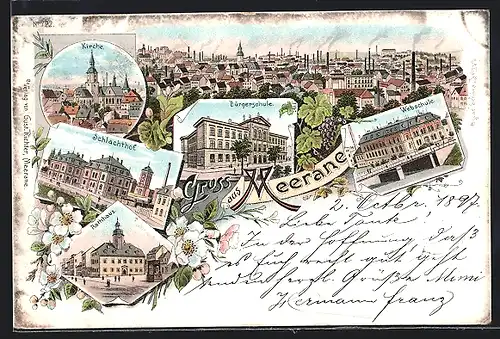 Lithographie Meerane, Webschule, Schlachthof, Ortsansicht