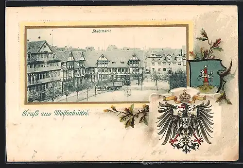 Passepartout-Lithographie Wolfenbüttel, Stadtmarkt, Wappen