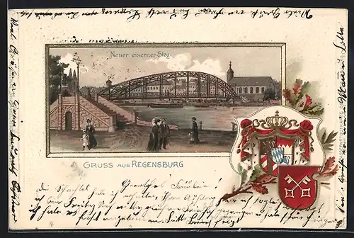 Passepartout-Lithographie Regensburg, Neuer eiserner Steg, Stadtwappen