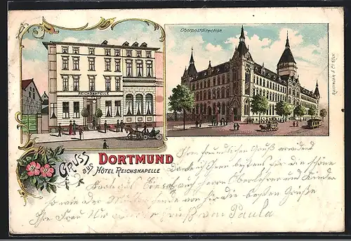 Lithographie Dortmund, Hotel Reichskapelle, Oberpostdirection