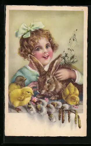 AK Mädchen mit Osterhasen und Küken