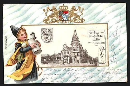 Passepartout-Lithographie München, Löwenbräu-Keller, Wappen, Kind mit Bierkrug