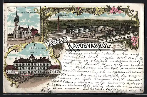 Lithographie Kaposvar, Romai Kath. Templom, Czukorgyar, Uj allami fögymnazium