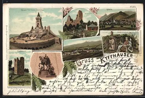 Lithographie Kyffhäuser, Rotenburg, Kelbra, Sage Friedrich Barbarossa`s