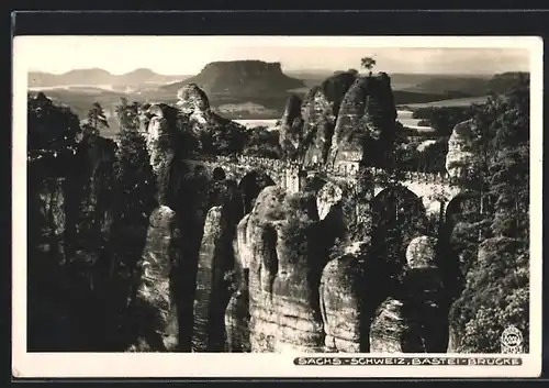 Foto-AK Walter Hahn, Dresden, Nr. 3205: Blick auf Bastei-Brücke mit Lilienstein