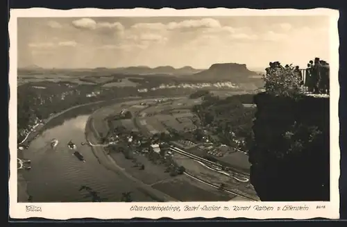 Foto-AK Walter Hahn, Dresden, Nr. 8615: Rathen, Bastei Aussicht mit Ort und Lilienstein, Elbsandsteingebirge