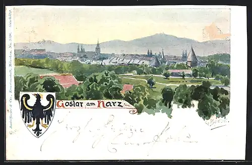 Künstler-AK Carl Biese: Goslar am Harz, Ortspartie, Wappen