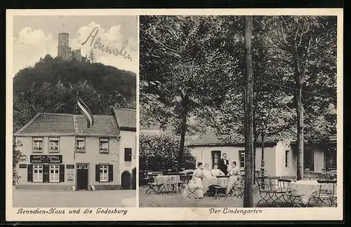 AK Godesberg, Gasthof Geschwister Schumacher im Aennchen-Haus mit Godesburg, Lindengarten