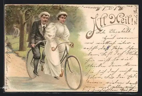 Lithographie Fahrradfahrergruss All Heil!, Paar auf einem Tandem