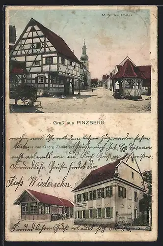 AK Pinzberg, Gasthaus von Georg Zametzer, Mitte des Dorfes