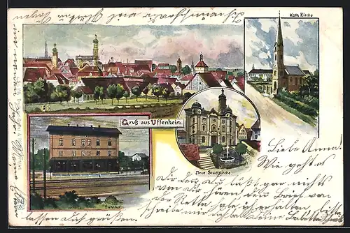 Lithographie Uffenheim, Bahnhof, Stadtkirche, Kath. Kirche