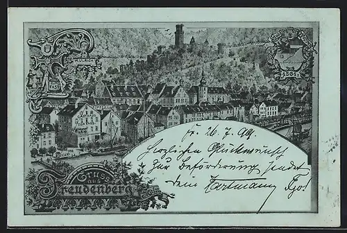 Lithographie Freudenberg, Gasthaus z. Fass, Ortsansicht