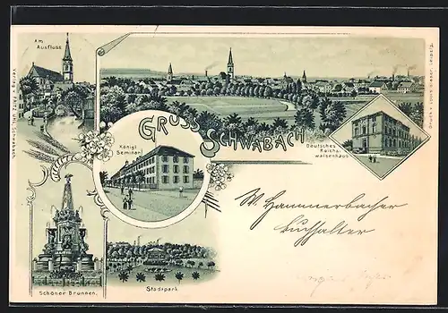 Lithographie Schwabach, Reichswaisenhaus, Kgl. Seminar, Am Ausflusss, Gesamtansicht mit Umgebung