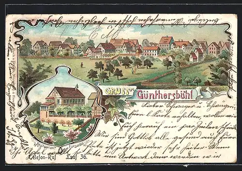 Lithographie Günthersbühl, Restaurant Fürsattel, Ortsansicht