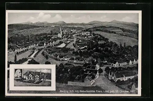 AK Raiding, Geburtshaus und Portrait Franz Liszt, Ortsansicht mit Bergpanorama aus der Vogelschau