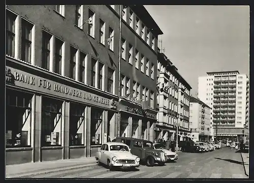 AK Karl-Marx-Stadt, Innere Klosterstrasse mit Bank für Handwerk und Gewerbe