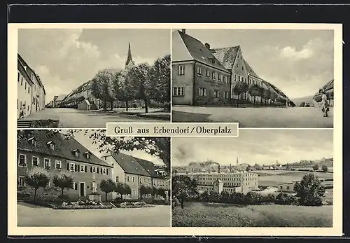 AK Erbendorf /Opf., Fabrik, Strassenpartien mit Denkmal und Blick auf Kirchturm