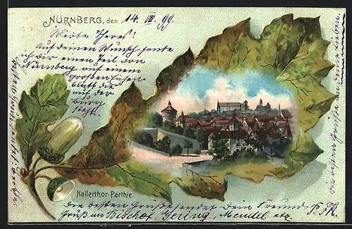 Passepartout-Lithographie Nürnberg, Hallerthor-Partie im Eichenblatt