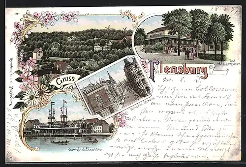 Lithographie Flensburg, Bellevue, Bad Wassersleben, Dampfschiffpavillon