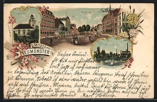 Lithographie Neumünster i. H., Grossflecken, Teilansicht v. d. Mühlenbrücke