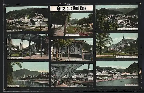 AK Bad Ems, Anlagen am Kursaal, Kurbrücke, Wasserturm