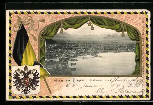 Passepartout-Lithographie Bregenz am Bodensee, Panoramablick auf die Stadt und das Gebirge, Fahne und Wappen Österreichs