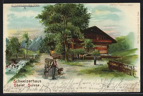 Lithographie Schweizerhaus, Chalet Suisse, Halt gegen das Licht: Vollmond, Erleuchtete Fenster