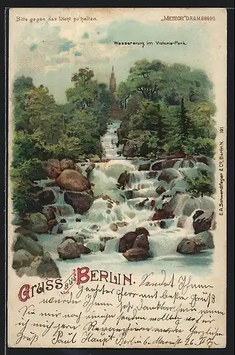 Lithographie Berlin-Kreuzberg, Wassersturz im Victoria-Park, Halt gegen das Licht: Vollmond