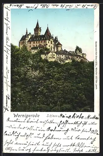 Goldfenster-AK Wernigerode, Schloss mit leuchtenden Fenstern