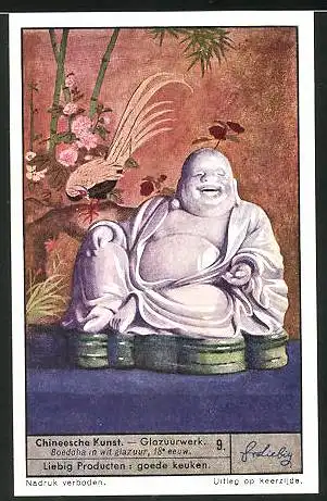 Sammelbild Liebig, Chineesche Kunst, Glazuurwerk, Boeddha in wit glazuur 18e eeuw.