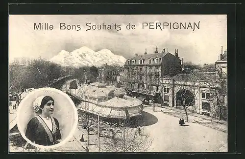 AK Perpignan, Mille Bons Souhaits de Perpignan, Ortspartie, Dame in Tracht