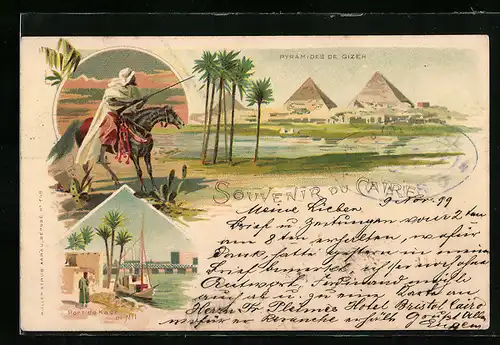 Lithographie Gizeh, Pyramiden, Beduinen-Krieger, Partie am Nil