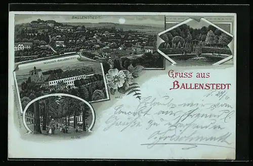 Lithographie Ballenstedt, Blick zum Schloss, Partie in der Allee