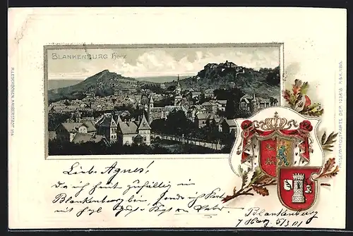 Passepartout-Lithographie Blankenburg, Gesamtansicht, Wappen