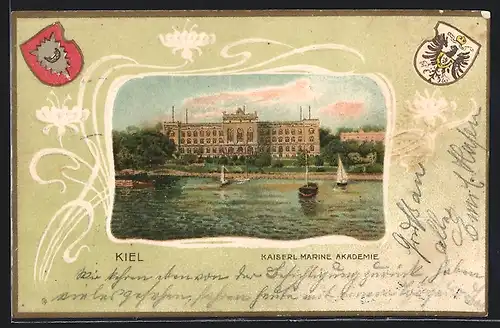 Passepartout-Lithographie Kiel, Kaiserl. Marine Akademie, Wappen, Jugendstil-Rahmen