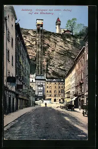 AK Salzburg, Griesgasse mit elektr. Aufzug auf den Mönchsberg