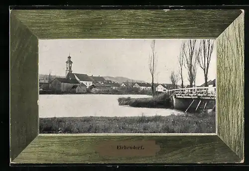 AK Eichendorf, Blick über das Wasser auf die Kirche der Ortschaft