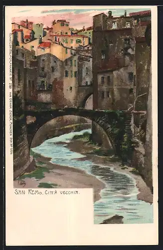 Künstler-Lithographie Paul Hey: San Remo, Città Vecchia, Teil der Altstadt