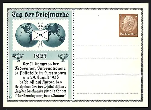 AK Tag der Briefmarke 1937, Brief, Posthorn und Globus, Ganzsache