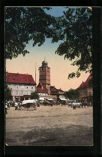 AK Hermannstadt, Ortspartie mt Kutschen