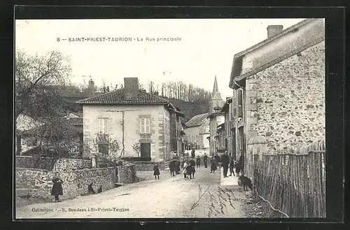 AK Saint-Priest-Taurion, La Rue Principale, Hauptstrasse mit Blick zur Kirche