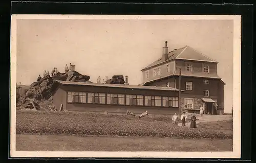 AK Satzung /Erzgeb., Unterkunftshaus Hirstein mit Gästen